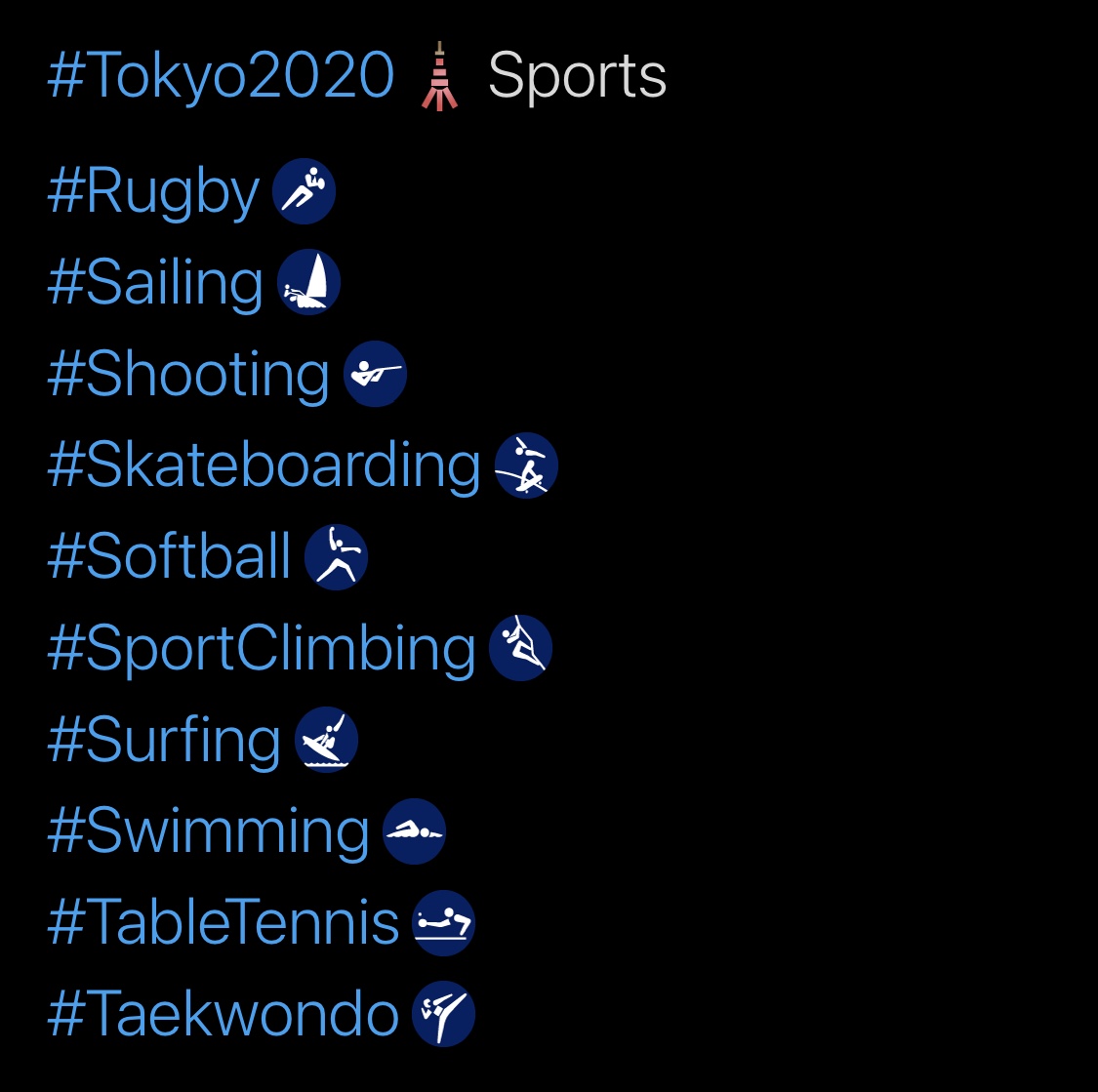 Tokyo 2020 Olympics Hashtags, Sports